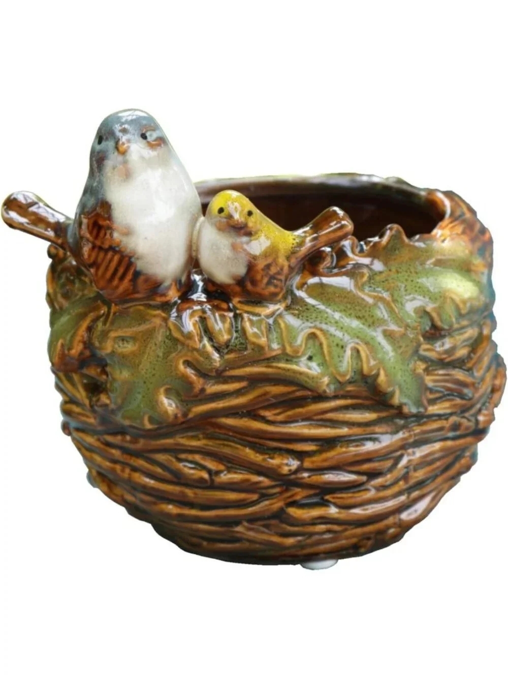 Handmade Ceramic Succulent Planter Pot with Bird Figurine - 5" Home Garden Décor